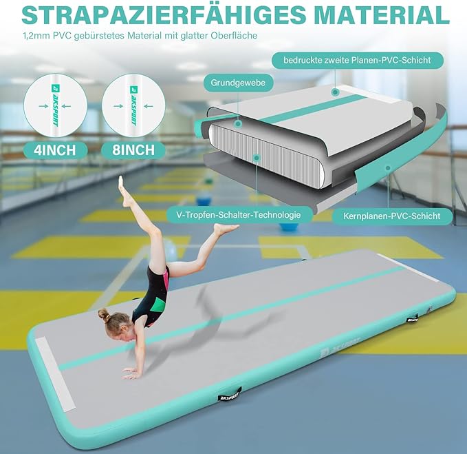AKSPORT Gymnastics Air Mat Tumble Track Tumbling Mat Inflatable Floor Mats with Air Pump for Home Use/Tumble/Gym/Training/Cheerleading/Parkour/Beach/Park/Water