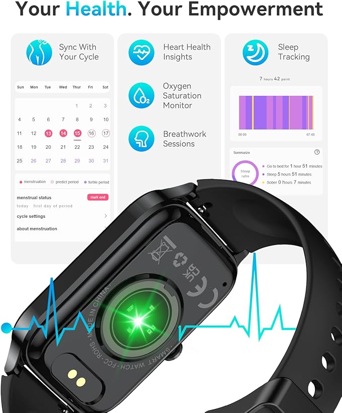 Fitness Activity Tracker for Women Men, Smart Watch Compatible with iPhone Android, IP68 Waterproof Step Counter with 110+ Sports, Sleep Monitor, Calorie Counter (Casual, Black, 1.57)