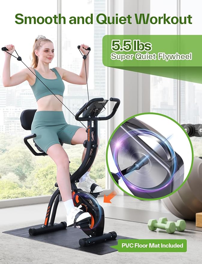Foldable Exercise Bike Stationary Bike, Sportneer 4 in 1 Indoor Cycling Bike with 16 Level Magnetic Resistance Training Bike with Arm Resistance Band PVC Floor Mat Fitness Bike for Home Gym Workout