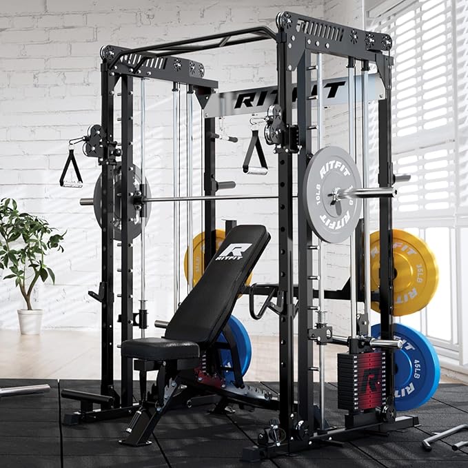 RitFit M1 Pro Smith Machine Package, All-in-One Power Cage with Weight Stack Set, Includes LAT Pulldown & Cable Crossover System for Home Gyme