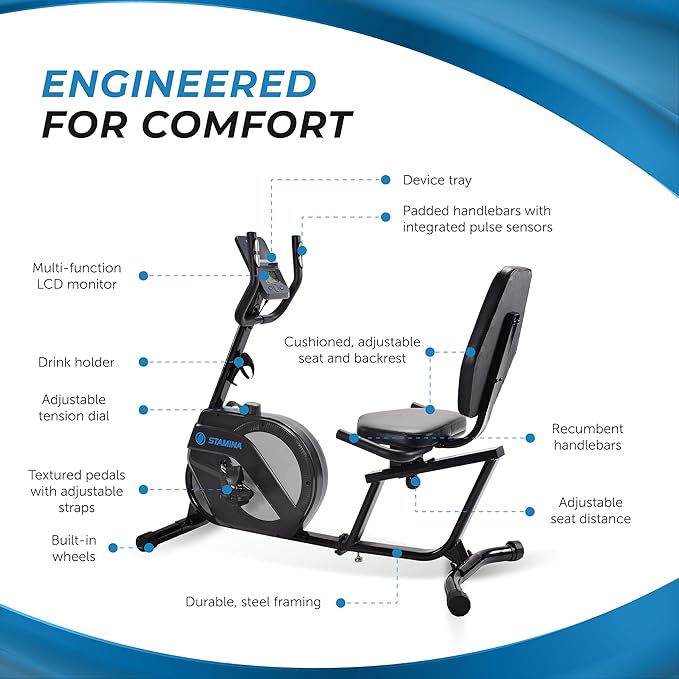 Stamina Recumbent Exercise Bike for Home 346 w/Smart Workout App - Stationary Bike for Adults, Seniors w/Large, Adjustable, Comfortable Seat & Walk-Thru Design