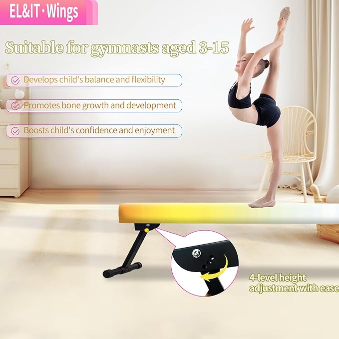 EL&IT·Wings 6ft/8ft Gymnastic Balance Beam, Adjustable High and Low Level Floor Beam - Highly Stable - Gym Practice Training Equipment for Kids Children Girls Home