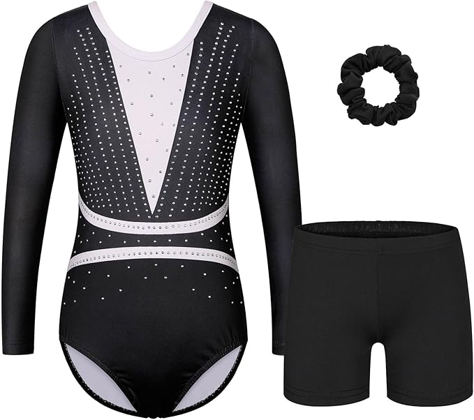 BAOHULU Gymnastics Leotards for Girls Long Sleeve Sparkly Cute Pattern Dance Outfit with Matching Shorts Set