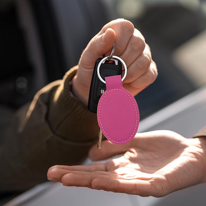 LaserGram Oval Keychain, Quad, Personalized Engraving Included (Hot Pink)