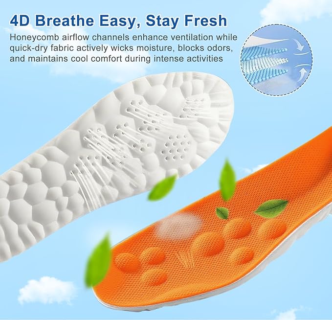 4D Cloud Insoles for Men Women, Memory Foam Boot Insoles, Comfortable and Breathable Massage Cushion Shoe Inserts with Arch Support, Trim to Fit All Shoe Types(1Pair-Orange, Men 11-12/Women 13-14)