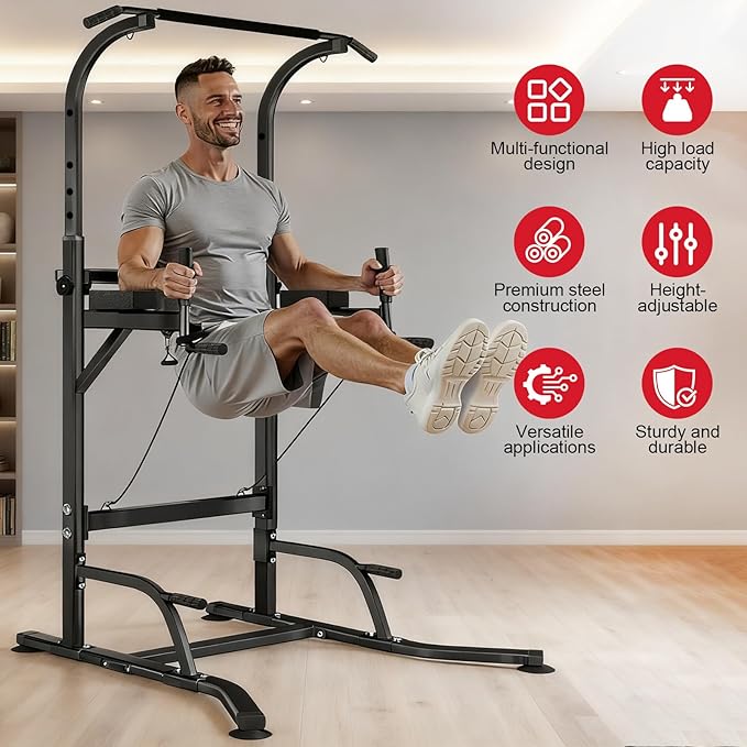 Pull Up Bar Power Tower Dip Station, Adjustable Strength Training Equipment for Home Gym Workout, Multi-Function Pull Up and Dip Bar