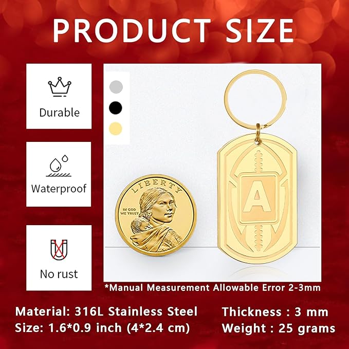Stocking Stuffers Christmas Gift- Football Initial Keychain Gifts for Men Dog Tag Keychains for Men Him Dad