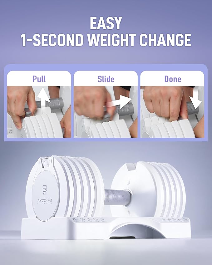 BYZOOM FITNESS Adjustable Dumbbell – 12.5/25lb Single Unit OR Set of 2 – 5-in-1 Adjustable Weight for Home Gym, Strength Training & Fitness Workouts, White OR Black