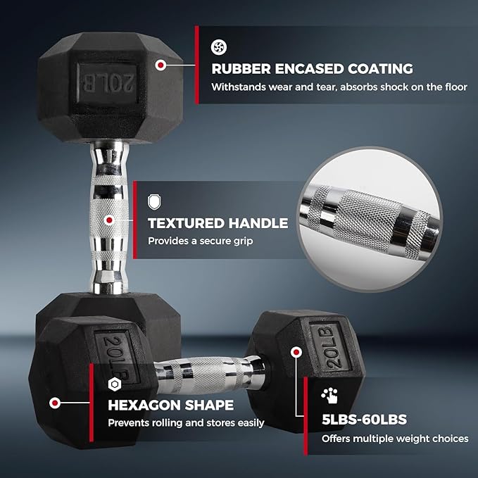 RITFIT 650/550/450/350/300/310/260/210/200/180/150/100 LB Rubber Hex Dumbbells Set with Optional Dumbbell Rack, Multi Weight Set to Choose, Ideal for Home Gym and Fitness
