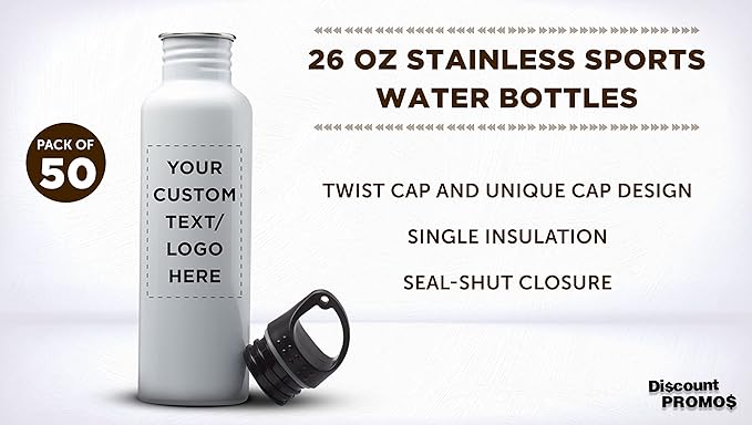 DISCOUNT PROMOS Custom Stainless Steel Water Bottles 26 oz. Set of 50, Personalized Bulk Pack - Reusable, Leak Proof, Perfect for Gym, Hiking, Camping, Outdoor Sports - White