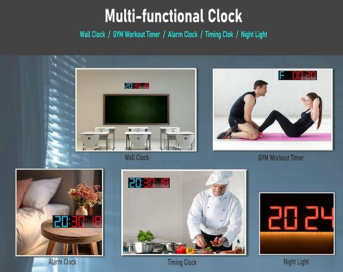 26'' Extra Large Home GYM Timer Clock, Programable Workout Interval Timer, Digital Wall Clock, with 7-color Night Light, 8 Alarm Clocks, Calendar/Temperature, Countdown & Stopwatch (Blue & Red)