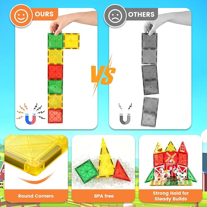 3 otters 42PCS Magnetic Tiles Toys with Farm Animals, Magnetic Building Blocks Educational STEM Toys for Christmas Party Gifts Kids Toddlers Preschool Classroom