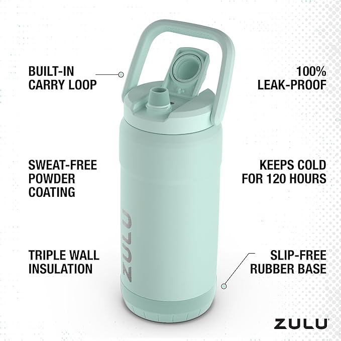 ZULU Goals Vacuum Insulated Large Capacity Stainless Steel Water Bottle | Reusable Jug Thermoses with Carry Handle | Leak-Proof Lid | Perfect for Travel, Workout, Gym, Hiking, Camping | 64oz, 101oz