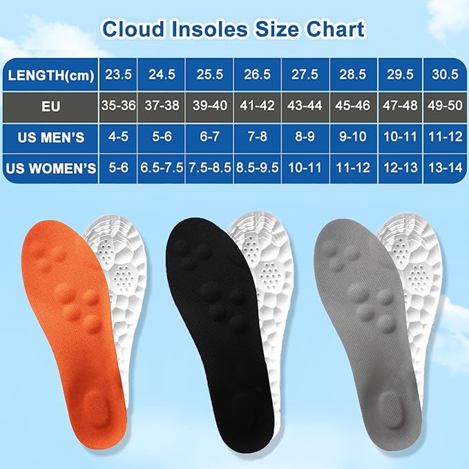 4D Cloud Insoles for Men Women, Memory Foam Boot Insoles, Comfortable and Breathable Massage Cushion Shoe Inserts with Arch Support, Trim to Fit All Shoe Types(1Pair-Grey, Men 13-14/Women 16-17)
