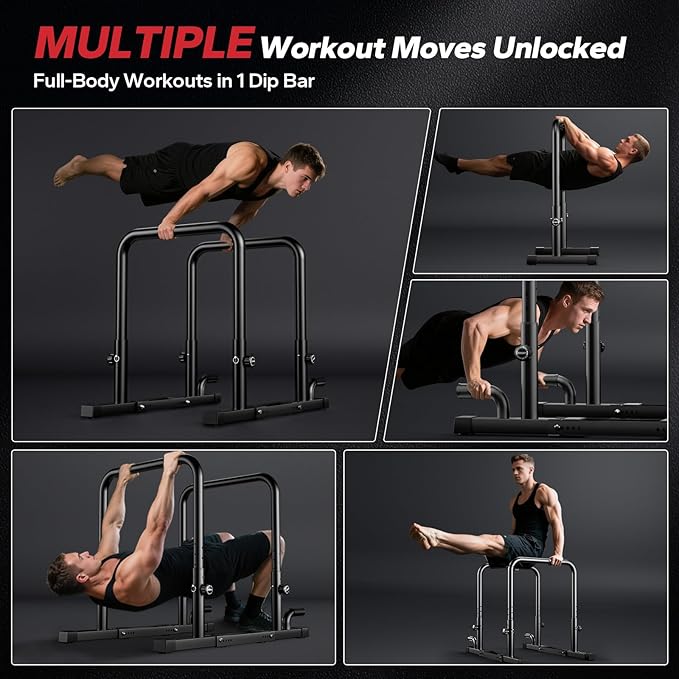 Dip Bar for Home Gym 880LBS Heavy Duty Dip Station Adjustable Height & Width Parallettes Bars for Full Body Strength Training Push Up Bar for Beginners & Advanced Users