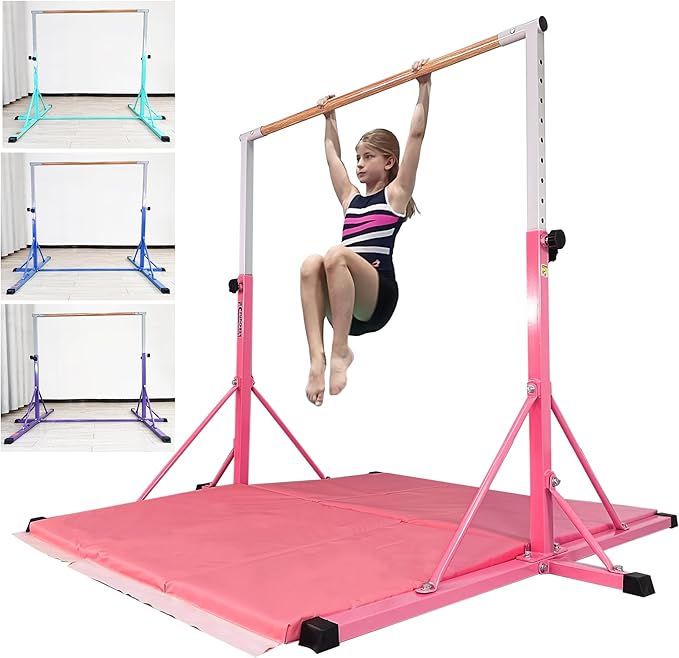 Gymnastics Bar for Kids Ages 3-15, 35" to 60" Adjustable Height, 4FT Wide Base - Professional Kip Bar with 360° Stability & Fiberglass Crossbar, Easy Fold&Solid Design for Home Training