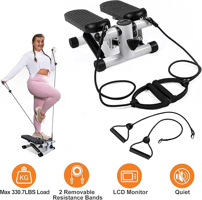Mini Stair Stepper with Resistance Bands, Steel Frame, LCD Monitor, 330.7 lbs Capacity, Home Fitness Equipment for Full Body Workout, Weight Loss, Grey, 11x15x7.3 Inch