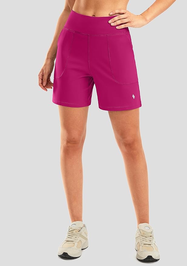 SANTINY Women's 6'' Athletic Long Shorts with 4 Pockets High Waisted Bermuda Shorts for Women Walking Running Casual