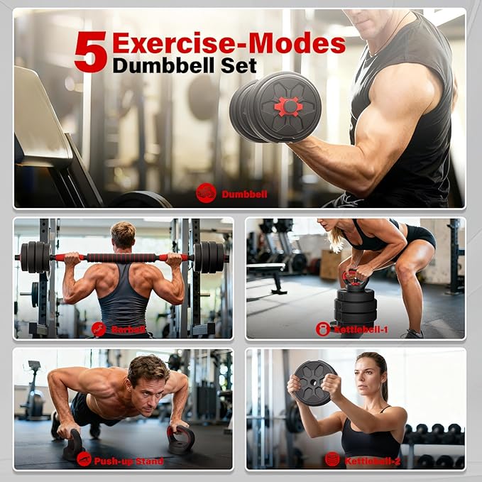 Adjustable Dumbbells, 22/33/44/66/88LBS Free Weight Set with Connector, 4 in 1 Weight Set Used as Kettlebells, Barbell, Push up Stand, Fitness Exercises for Home Gym Suitable Men/Women