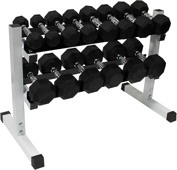 Ader 10 Pair Black Rubber Dumbbells 2, 3, 5, 8,10,12,15,20,25,30lbs with 2 Tier 36 inch Rack