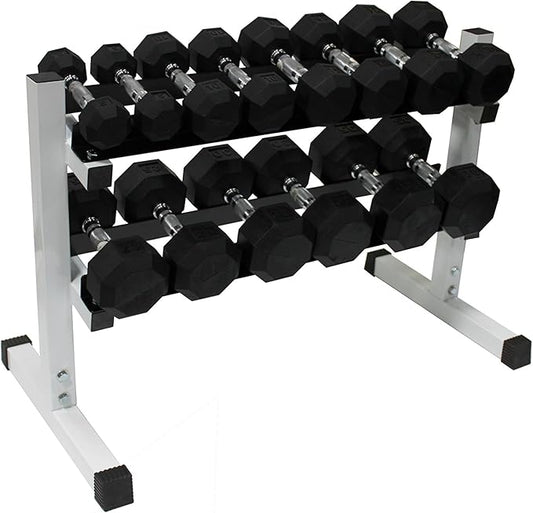 Ader 10 Pair Black Rubber Dumbbells 2, 3, 5, 8,10,12,15,20,25,30lbs with 2 Tier 36 inch Rack