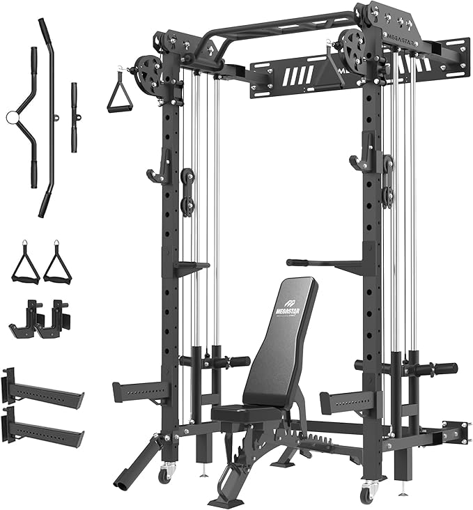 Folding Power Rack, Wall Mounted Squat Rack with Cable Pulley System, Multi-Grip Pull-Up Bar, Landmine for Home Gym, Compact Power for Small Spaces, FR67