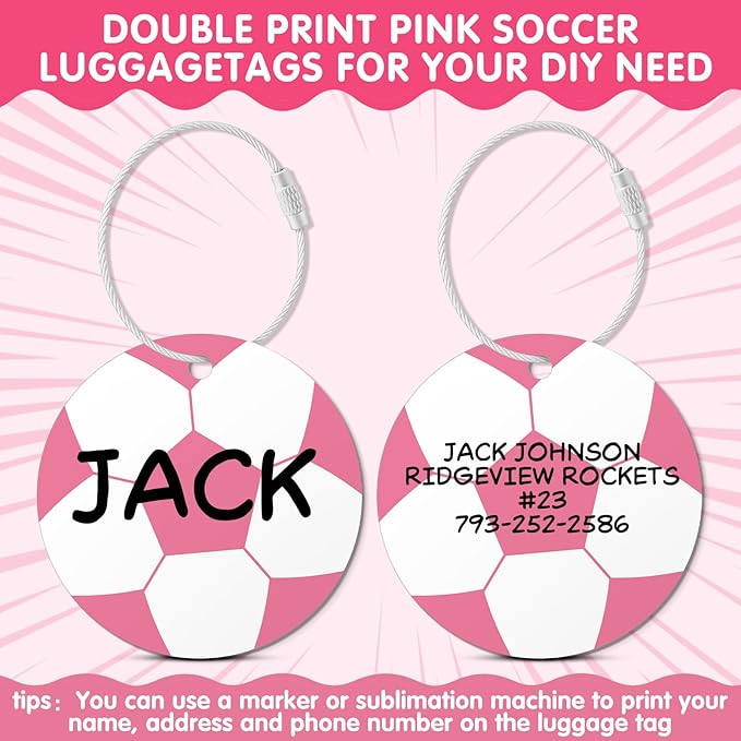 12 Pcs Pink Soccer Luggage Tags for Suitcases Travel Suitcase Labels with Metal Ring 2.75in Pink Soccer Keychain PVC Name Id Card DIY Pocket Hug Card for Men Women Travel Bag Suitcase