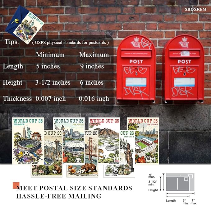 SHOXREM 32Pcs World Cup 2026 Postcards, Merchandise,World Cup Decorations - Landmark Illustrations,Retro Collage, 4" x 6"