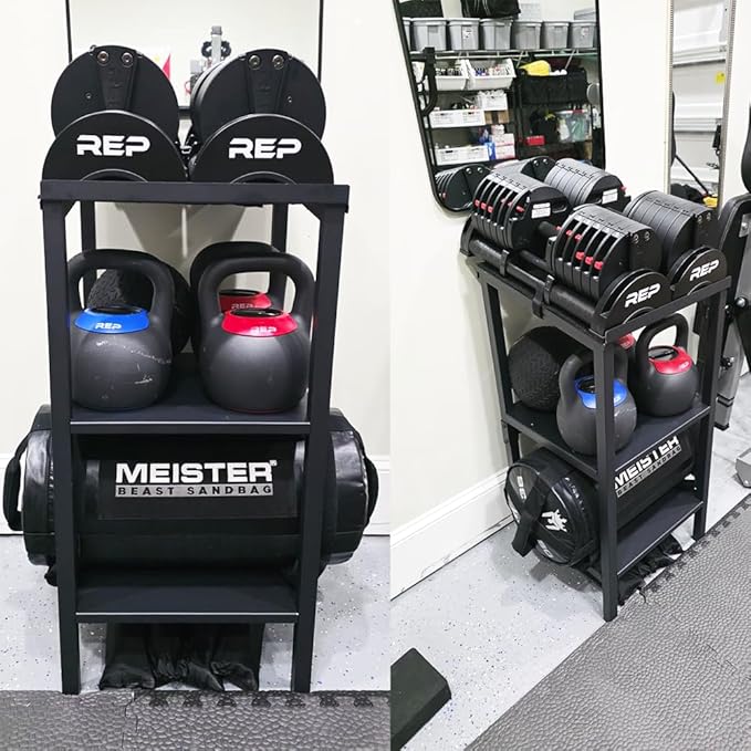 Black Heavy Duty Adjustable Dumbbell Stand & Kettlebell Stand - Adjustable Dumbbell Weight Rack, Weight Stand for Dumbbells, Weight Rack for Home Gym with Non-Slip Base, Anti-Tip Safety & Space-Saving Design