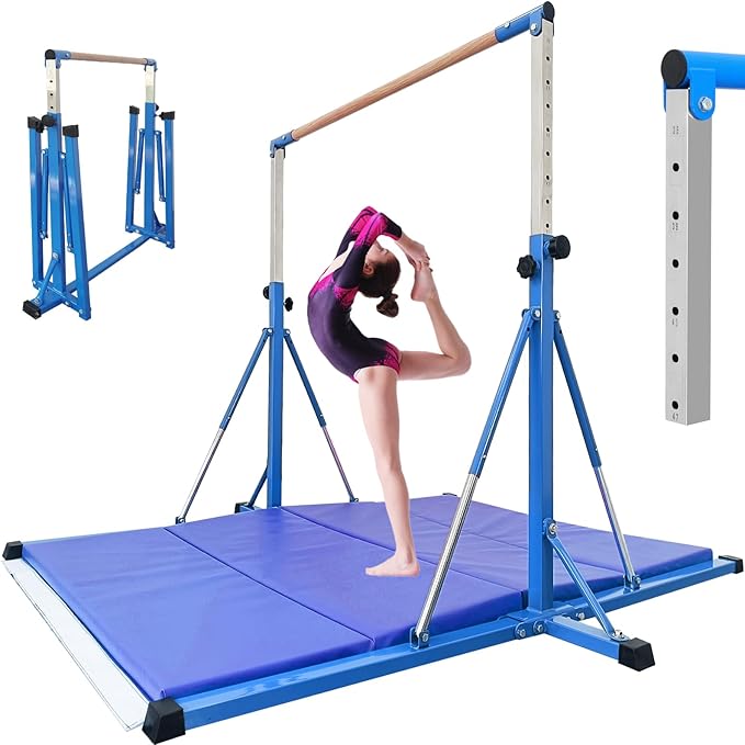 Gymnastics Bar for Kids Ages 3-15, 35" to 60" Adjustable Height, 4FT Wide Base - Professional Kip Bar with 360° Stability & Fiberglass Crossbar, Easy Fold&Solid Design for Home Training