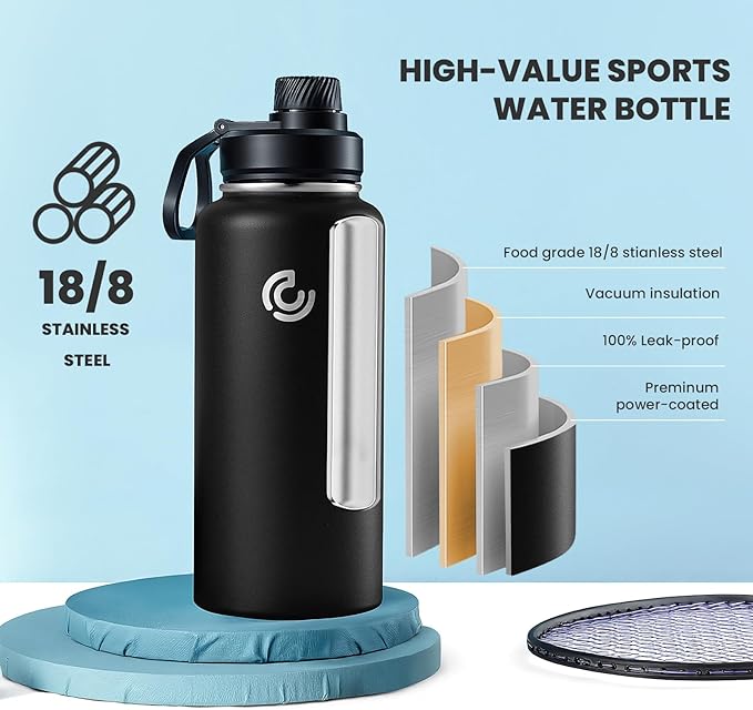 COKTIK 32oz Sports Water Bottle, Stainless Steel Water Bottle for Insulated, Reusable Travel Bottle, With Straw, With Handle Grip for Easy Carrying, Suitable for Cycling, Outdoor Vacations(Black)