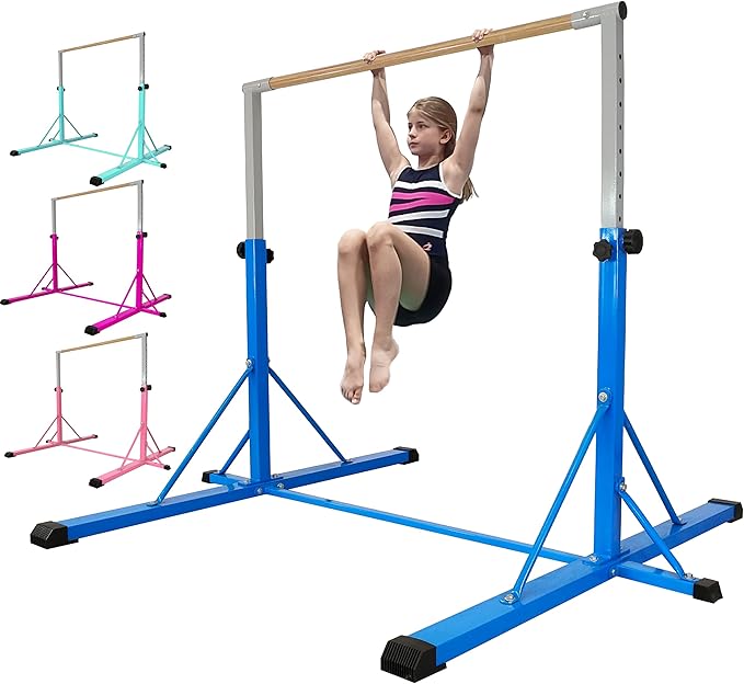 Gymnastics Bar for Kids Ages 3-15, 35" to 60" Adjustable Height, 4FT Wide Base - Professional Kip Bar with 360° Stability & Fiberglass Crossbar, Easy Fold&Solid Design for Home Training