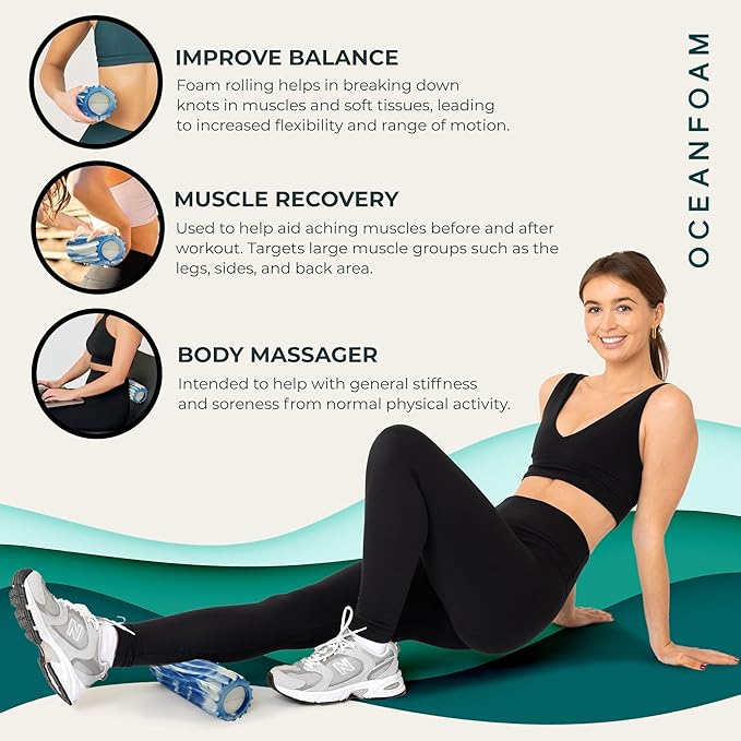 Oceanfoam Ripple Travel Foam Roller (11" x 3.35") Firm Mini Foam Roller for Physical Therapy, Deep Tissue Massage, Back Pain - High Density, Ergonomic Wave Textured - Yoga, Exercise (Royal Marbled)