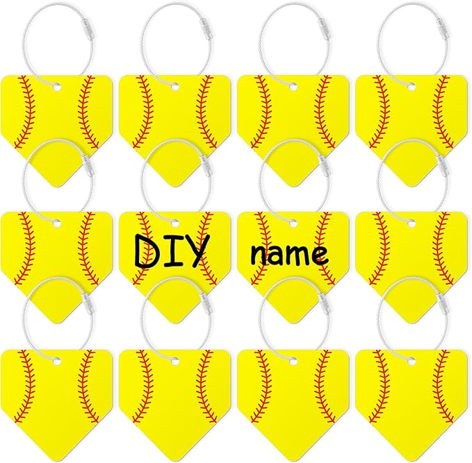 12 Pcs Softball Home Plate Luggage Tags for Softball Travel Suitcase Labels with Metal Ring 2.75in Softball-Related Keychain PVC Name Id Card and DIY Pocket Hug Card for Men Women Travel Bag Suitcase