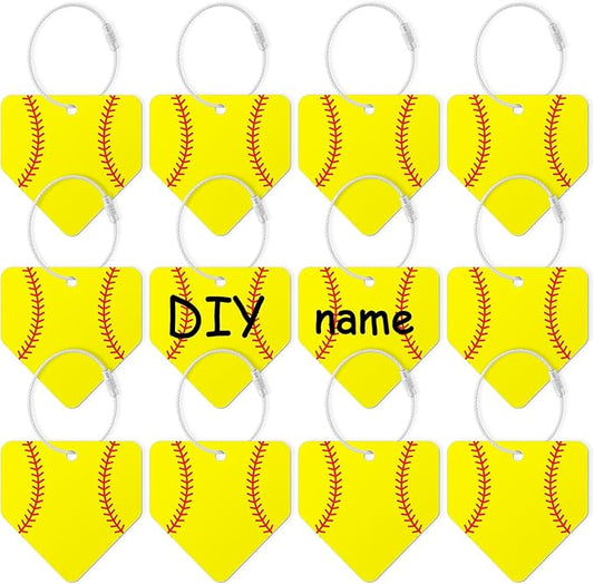 12 Pcs Softball Home Plate Luggage Tags for Softball Travel Suitcase Labels with Metal Ring 2.75in Softball-Related Keychain PVC Name Id Card and DIY Pocket Hug Card for Men Women Travel Bag Suitcase