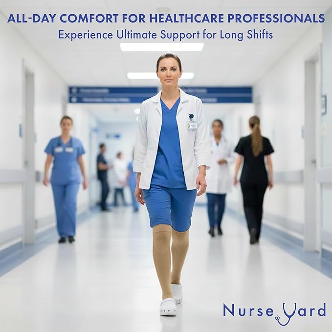 Nurse Yard Compression Socks for Women and Men | 20-30mmHg Graduated Medical Compression Socks for Nurses | Travel and Flying | Athletic Support for Running, Best Compression Socks | 1 Pair Core2Beige