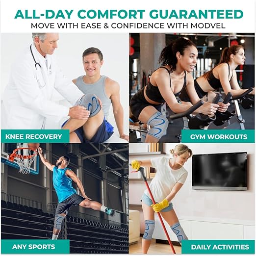 Modvel 2 Pack Knee Brace for Women & Men - Workout Knees Compression Sleeve for Knee Pain Relief Joint Support for ACL, Arthritis, Meniscus Tear Knees Brace for Sports, Rodilleras para Gym Fitness