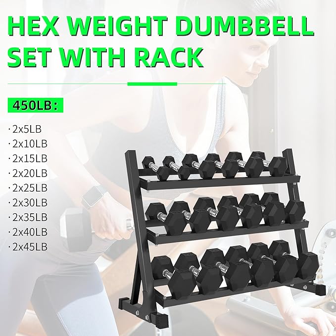 550LB Hex Dumbbell Set with 3-Tier Rack - Complete Home Gym Weight Set 5-50lbs Rubber Coated Cast Iron Dumbbells for Strength Training & Muscle Building