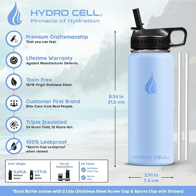 HYDRO CELL Stainless Steel Insulated Water Bottle with Straw - For Cold & Hot Drinks - Metal Vacuum Flask with Screw Cap and Modern Leakproof Sport Thermos for Adults (Glacier 18oz)