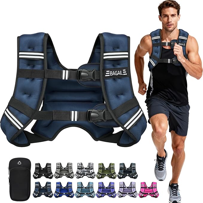 BAGAIL Weighted Vest, 5lb/8lb/10lb/12lb/15lb/20lb/25lb/30lb Weight Vest for Walking & Weight Loss, Reflective Rucking Vest with Phone Pouch for Women & Men, Home Gym & Outdoor Training