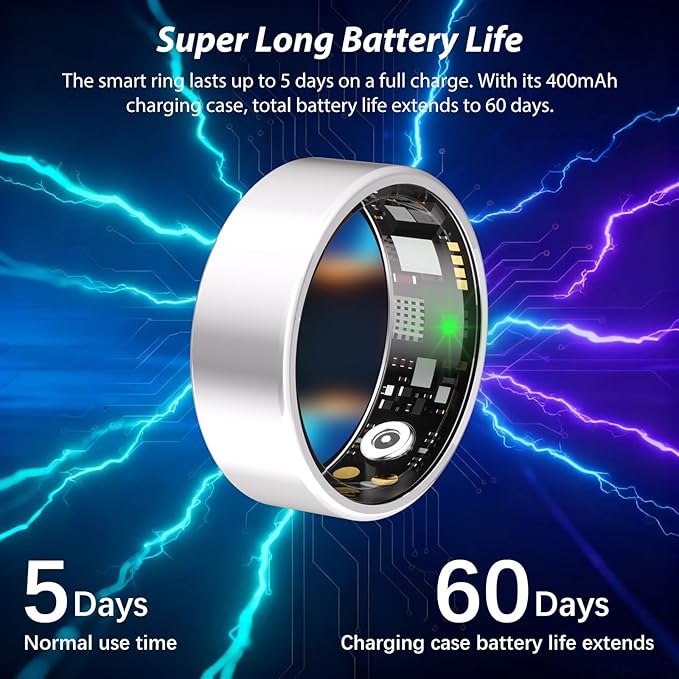 Smart Ring for Women Men Fitness Ring with Heart Rate, Blood Oxygen, Blood Pressure, sleep tracker, Step tracker, IP68 Waterproof health ring for iOS & Android,No Subscription Fee (Silver, 12#)