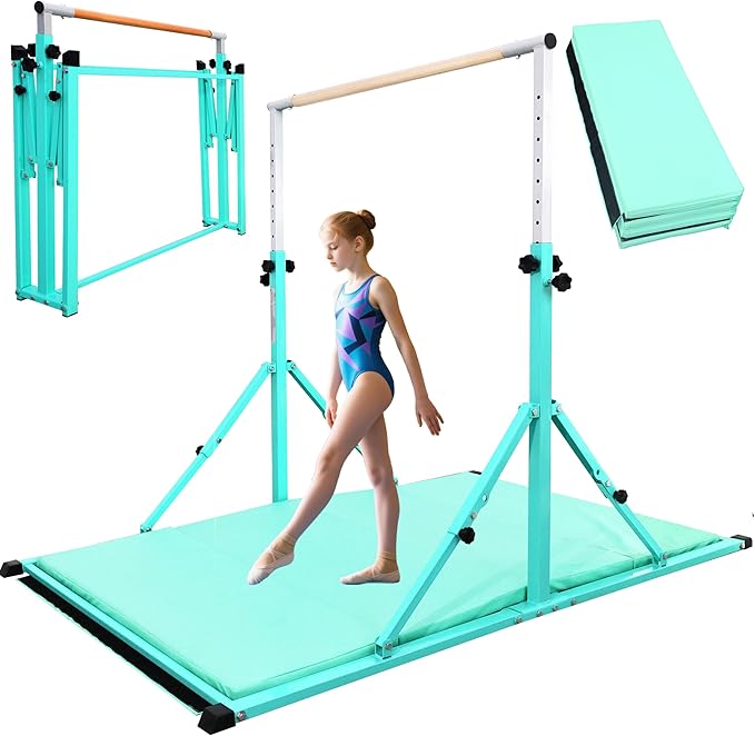 PreGymnastic Foldable Gymnastics Bar, 5.6FT Folding Horizontal Bars for Kids Ages 3-12, Weight Limit 350 LBS, Adjustable kip Bar, Children Home Gym Equipment Indoor