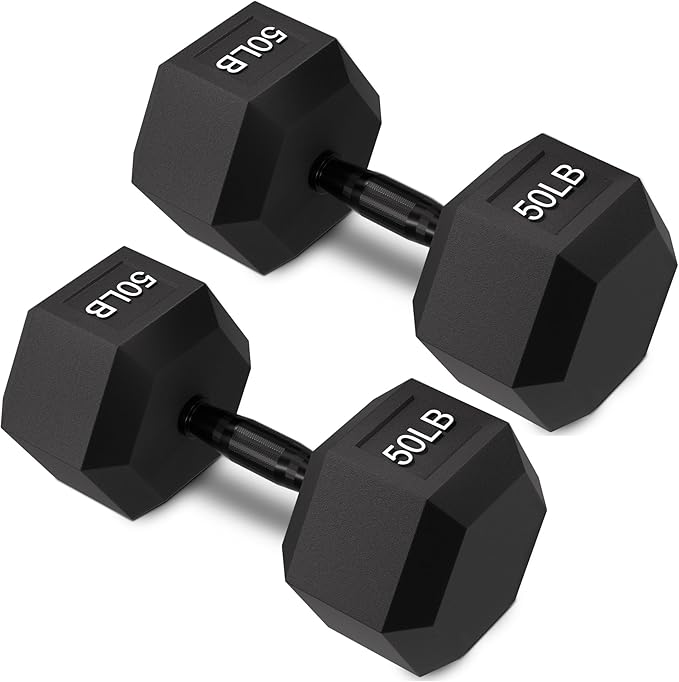 Rubber Encased Hex Weights Dumbbells Set of 5 – 50 lb Pair | Cast Iron Hand Weights with Anti-Slip Grip for Home Gym Strength Training
