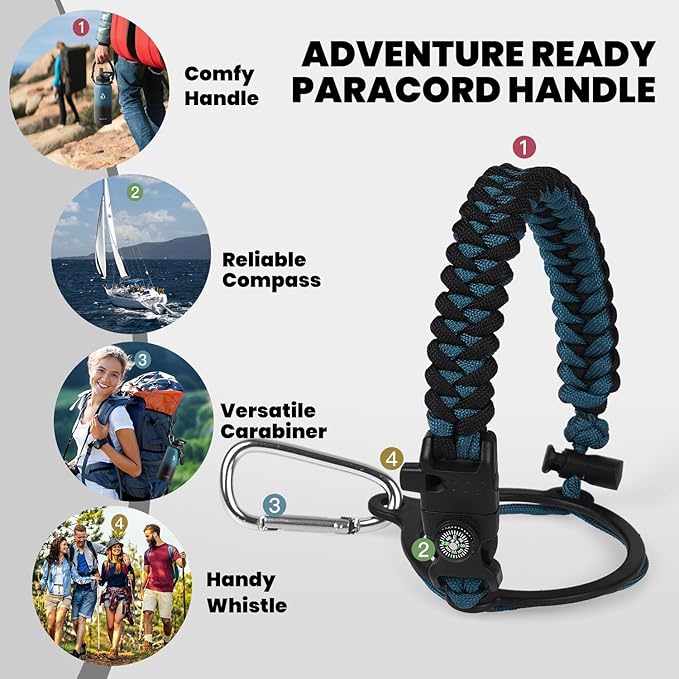 Insulated Water Bottle 32 oz, Triple Wall Vacuum Stainless Steel (Cold for 48 Hrs, Hot for 24Hrs), Leak Proof & Non-BPA, 32oz Hydro Water Flask with Paracord Handle & Straw Spout Lids