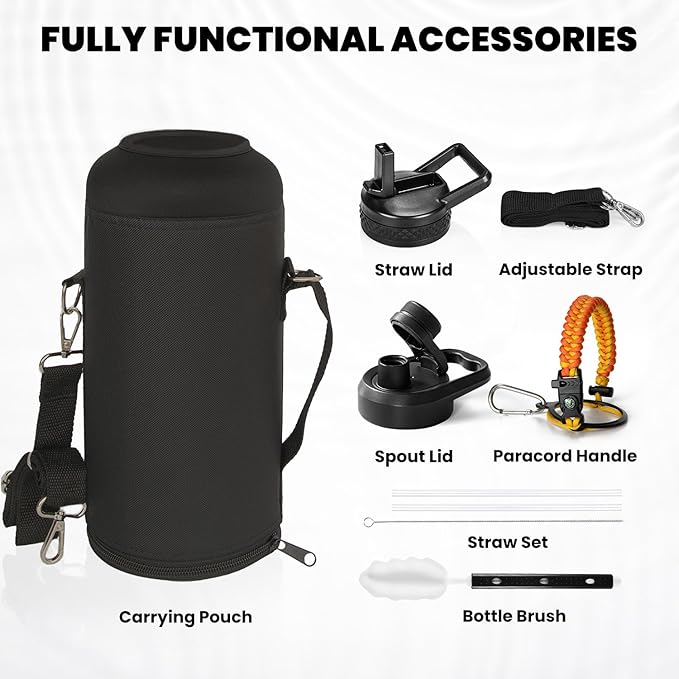 Insulated Water Bottle 87 oz, Triple Wall Vacuum Stainless Steel (Cold for 48 Hrs), Leak Proof & Non-BPA, Modern Water Flask Jug with Paracord Handle & Straw Spout Lids, Ombre Orange