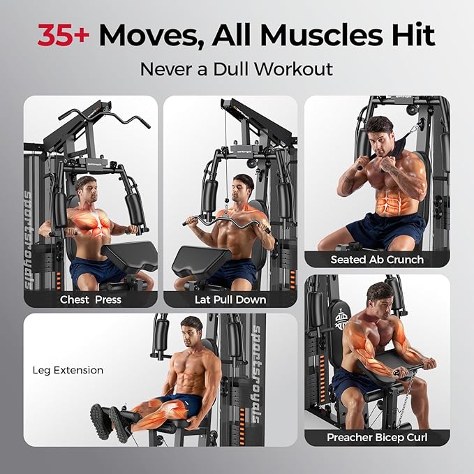 Sportsroyals Home Gym Equipment, 150LBS Weight Stack, Full Body Workout Machine with Pulley System for Strength Training