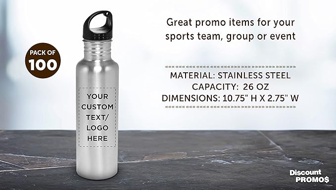 DISCOUNT PROMOS Custom Stainless Steel Water Bottles 26 oz. Set of 100, Personalized Bulk Pack - Reusable, Leak Proof, Perfect for Gym, Hiking, Camping, Outdoor Sports - Silver