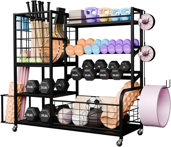 Dumbbell Rack Weight Stand, 4-Tier Adjustable Weight Rack for Dumbbells, Home Gym Storage Rack for Yoga Mat Foam Roller Kettlebells, All in One Equipment Workout Storage Organizer with Wheels & Hooks