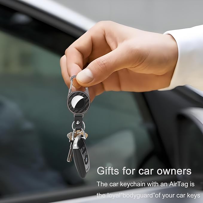 AirTag Holder Keychain - Premium Leather & Carbon Fiber Case with Secure Locking Carabiner | Compatible with Apple AirTag for Keys, Luggage, Backpacks, Bags (Gray)