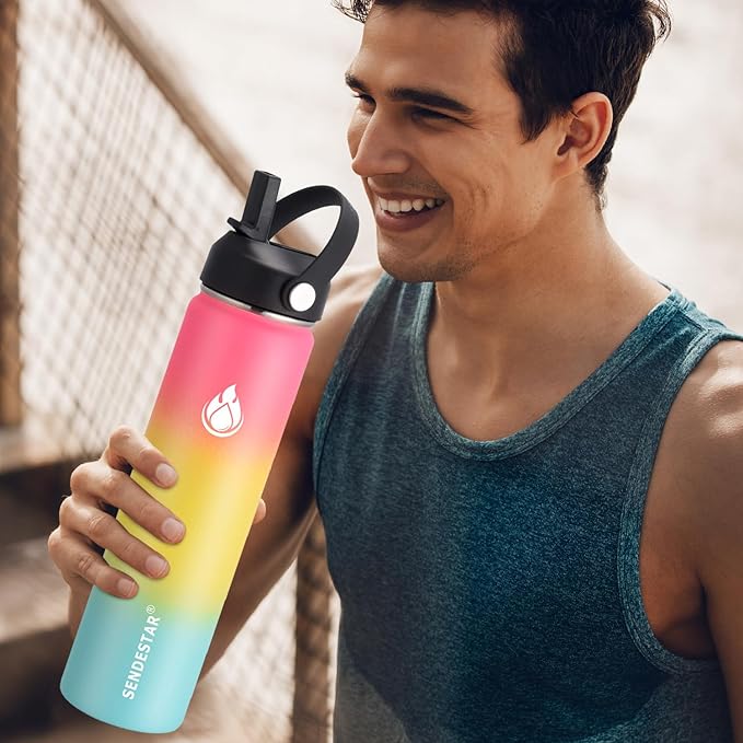 Insulated Water Bottle 32 oz with Straw, Stainless Steel Wide Mouth Water Bottle, Double Wall Vacuum Leak Proof with Straw Lid & Spout Lid for Sports or Office, Keep Cold or Hot Up to 24 Hrs